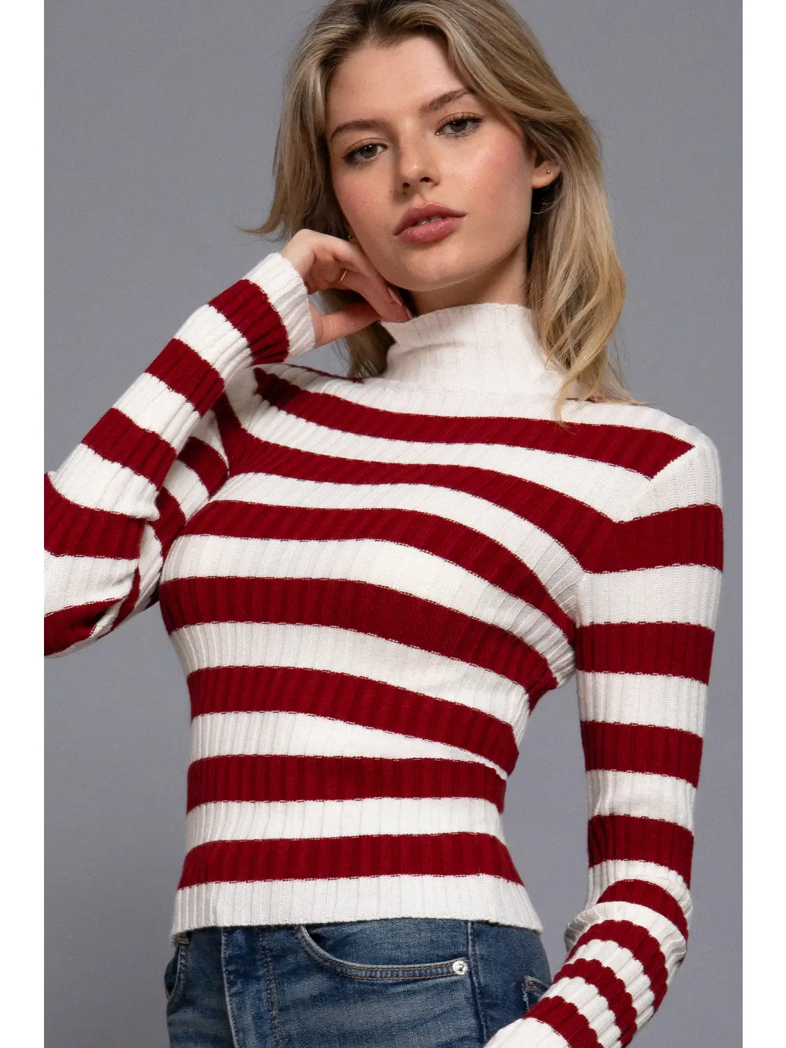 Long Sleeve Mock Neck Stripe Sweater