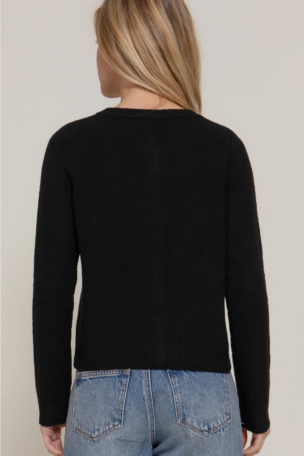 Long Sleeve Round Neck Pearl Embellished Sweater Cardigan