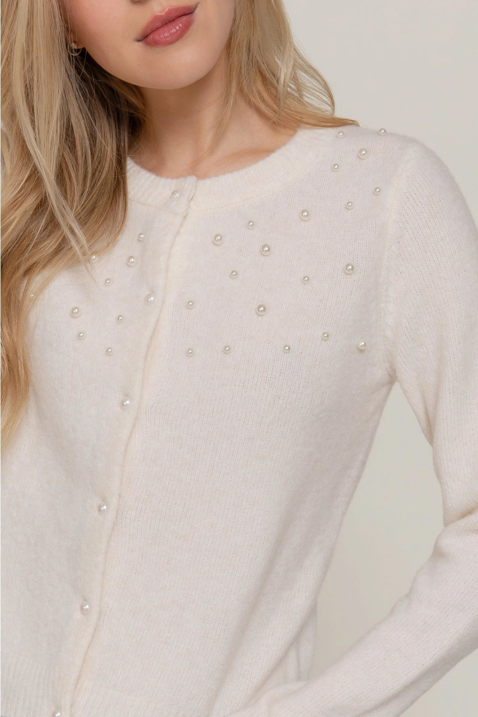 Long Sleeve Round Neck Pearl Embellished Sweater Cardigan