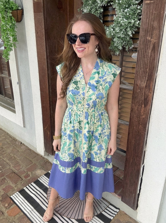 DROP SHOULDER SMOCKED WAIST FRONT ZIP PRINTED MIDI DRESS