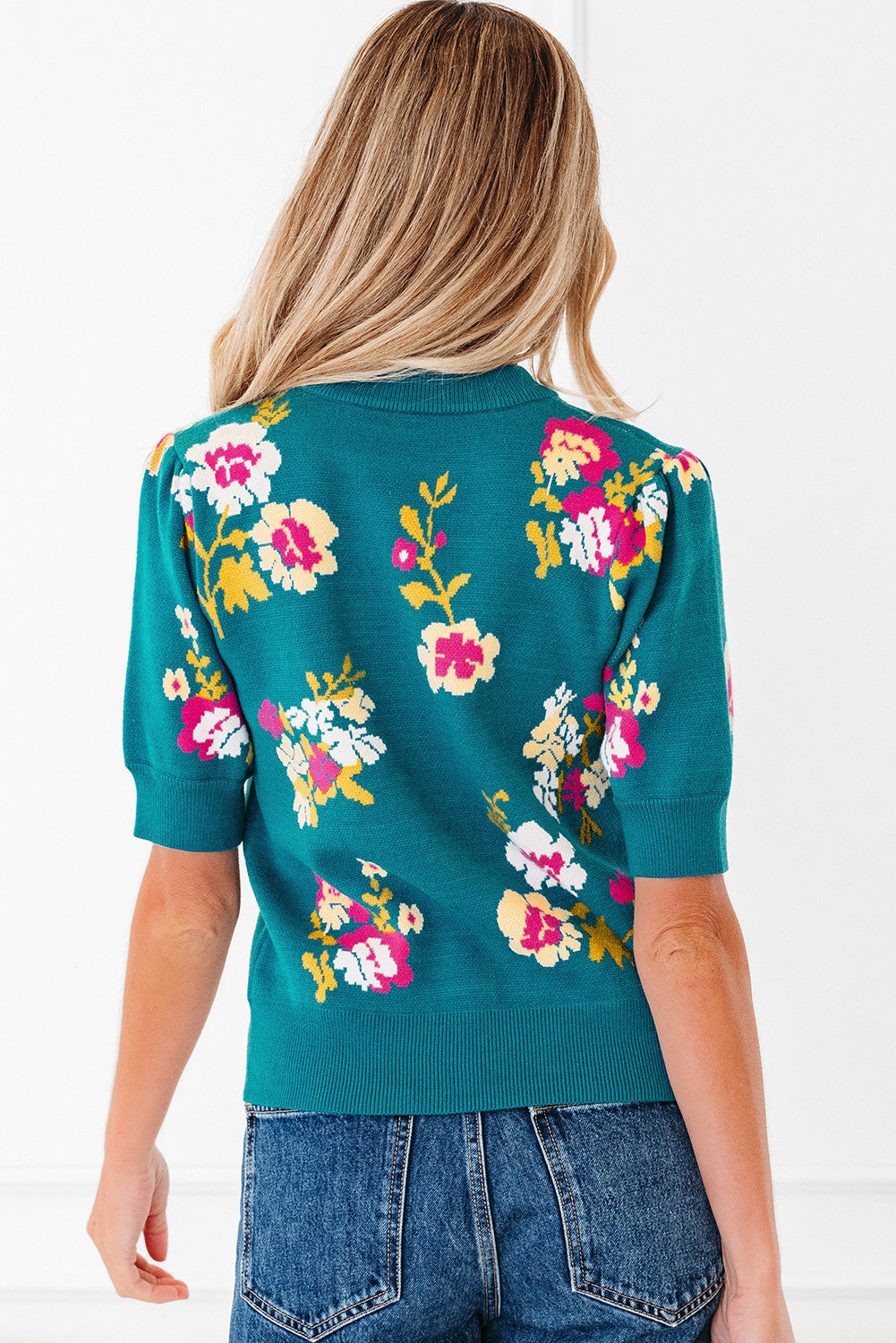Blue Flower Pattern Mock Neck Short Sleeve Knitted top