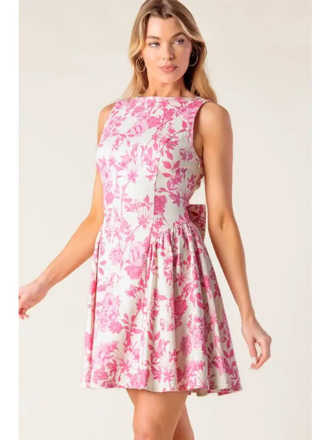 Printed Woven Mini Dress  pink and white with bow in back