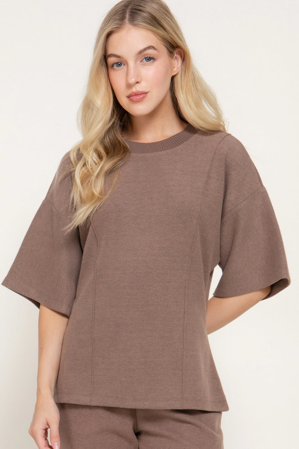 Elbow Sleeve Round Neck Brushed Knit Top with Flared Hem junior fit