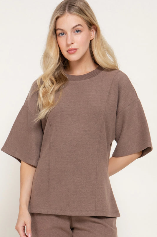 Elbow Sleeve Round Neck Brushed Knit Top with Flared Hem junior fit