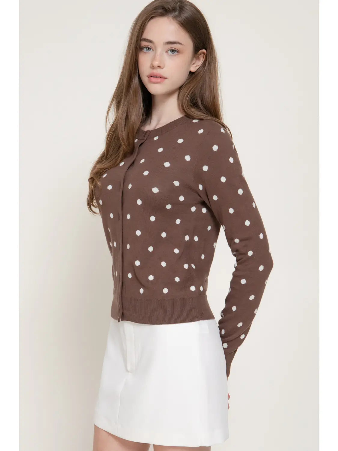 Long Sleeve Crew Neck Button Down Dot Sweater Cardigan