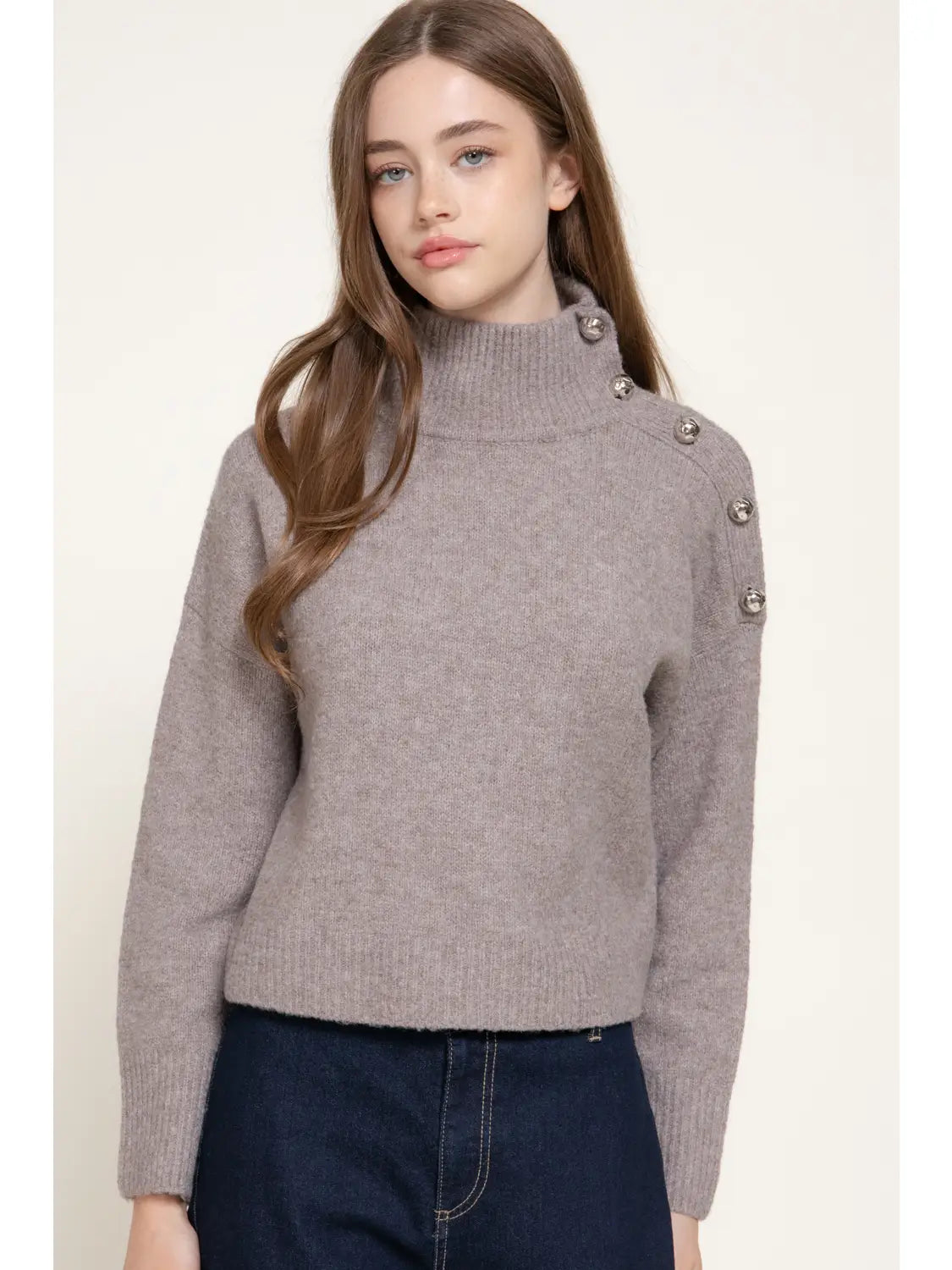 Long Sleeve High Neck Metal Embellishment Button Detail Sweatshirt
