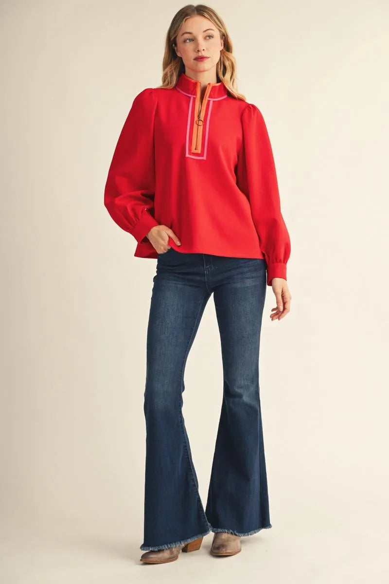 Long puff sleeves front zip up casual top