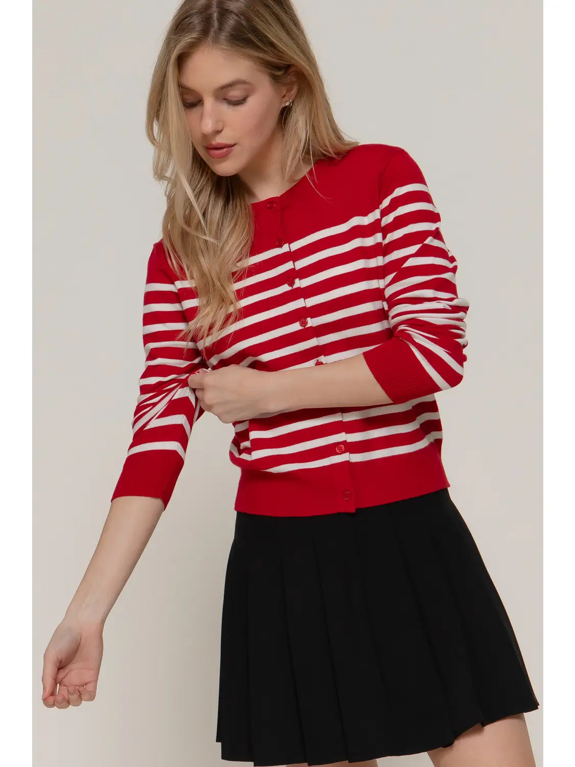 Long Sleeve Crew Neck Stripe Sweater Cardigan