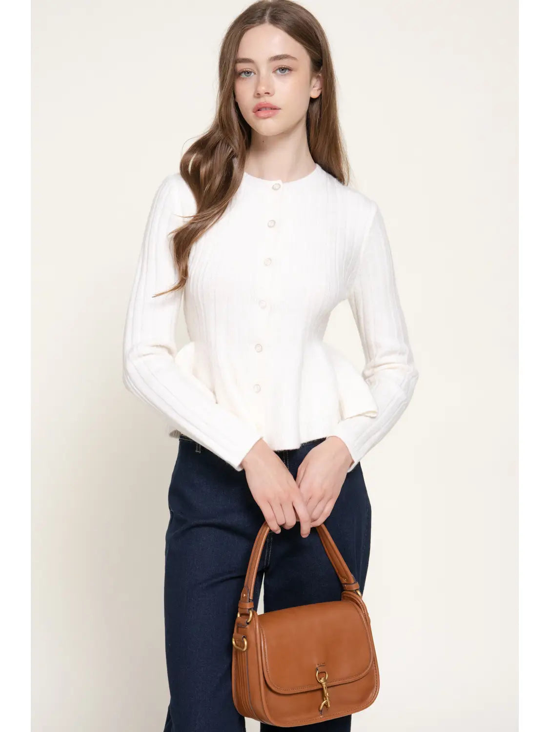 Long Sleeve Round Neck Button Down Peplum Sweater Cardigan