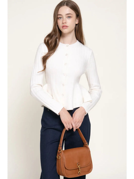 Long Sleeve Round Neck Button Down Peplum Sweater Cardigan