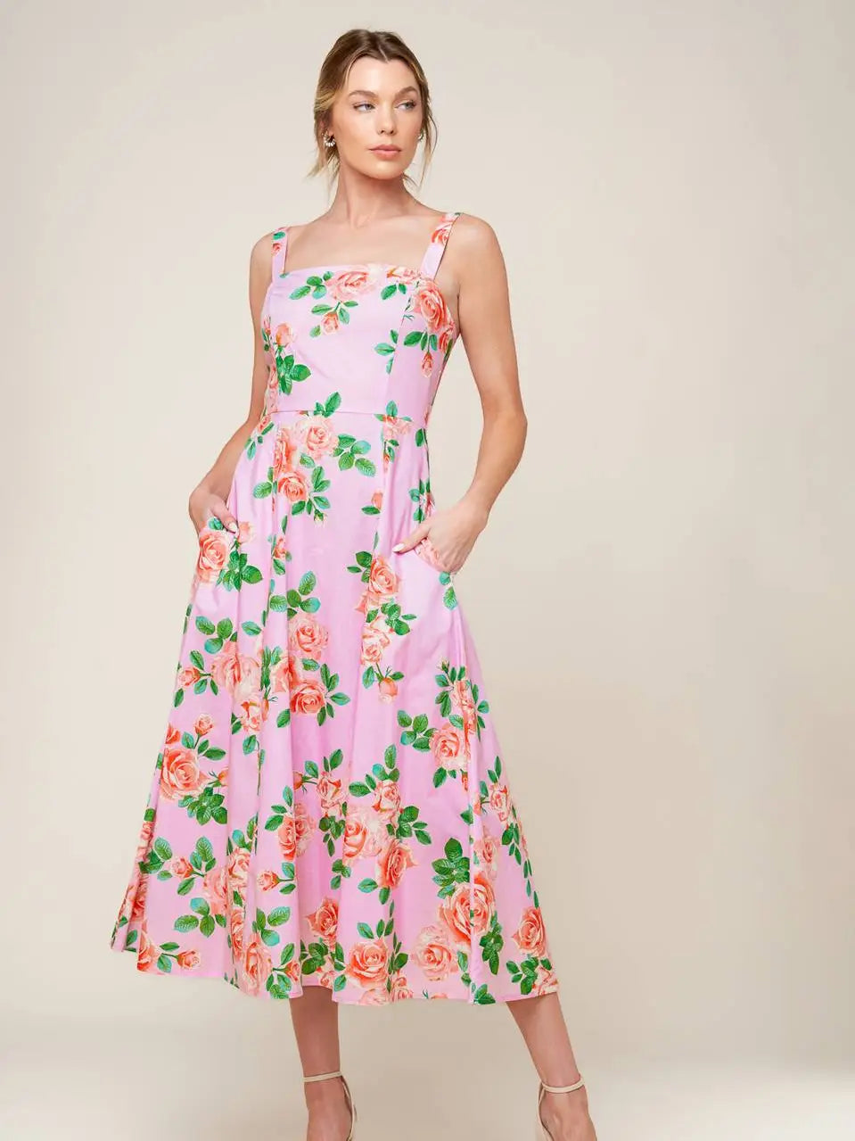 Printed Woven Midi Dress pink floral
