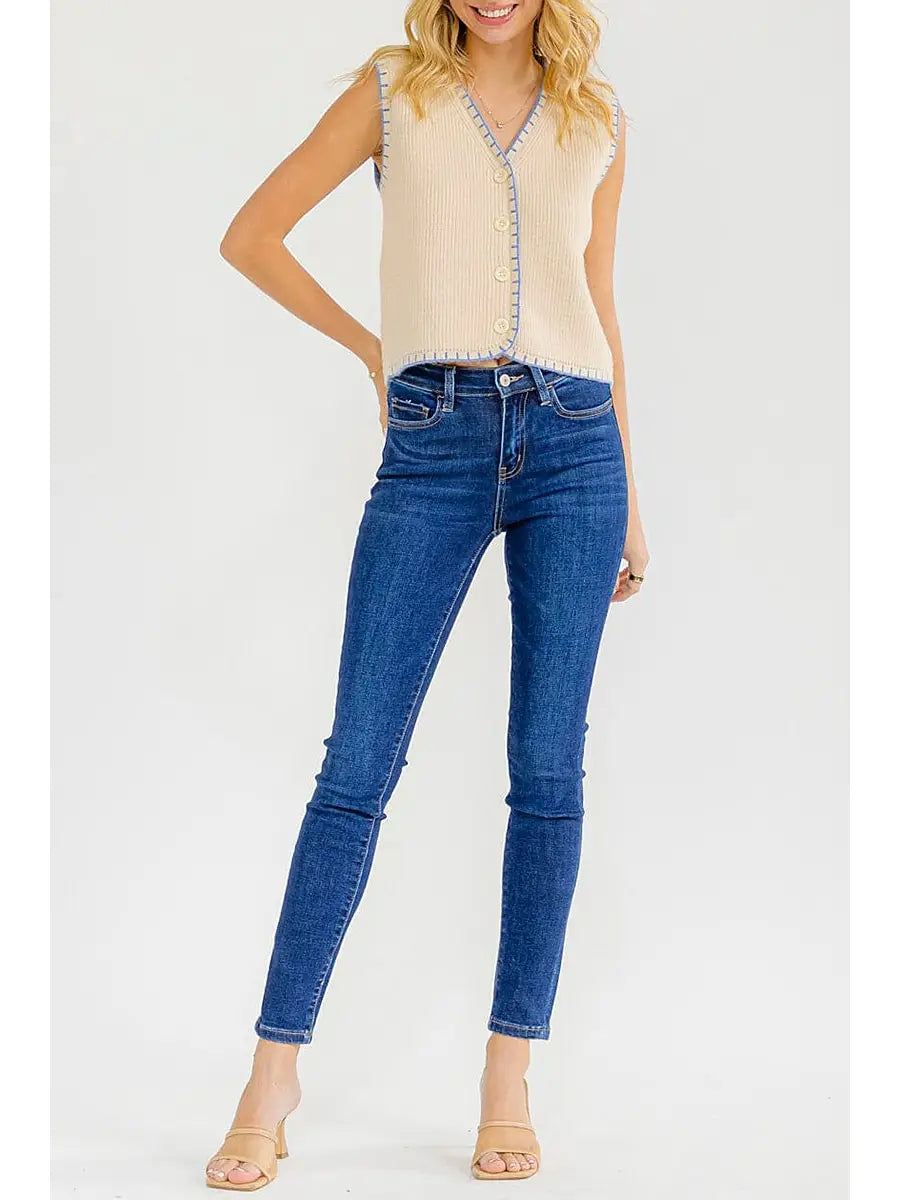Sleeveless Button Up Trim Detailed Sweater Top