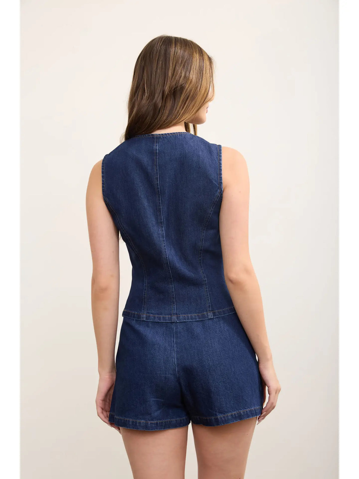 Gold Button Round Neck Denim Vest and skort set