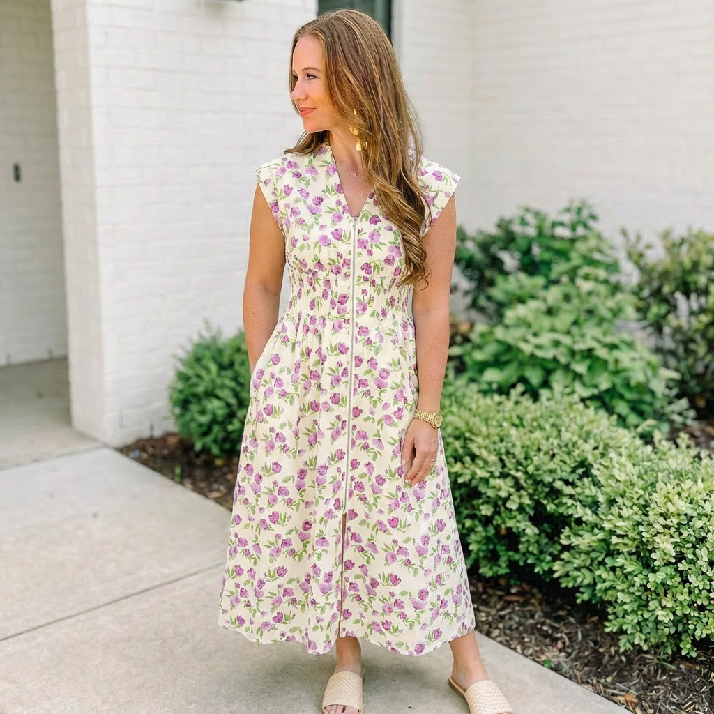 DROP SHOULDER SMOCKED WAIST FRONT ZIP PRINTED MIDI DRESS