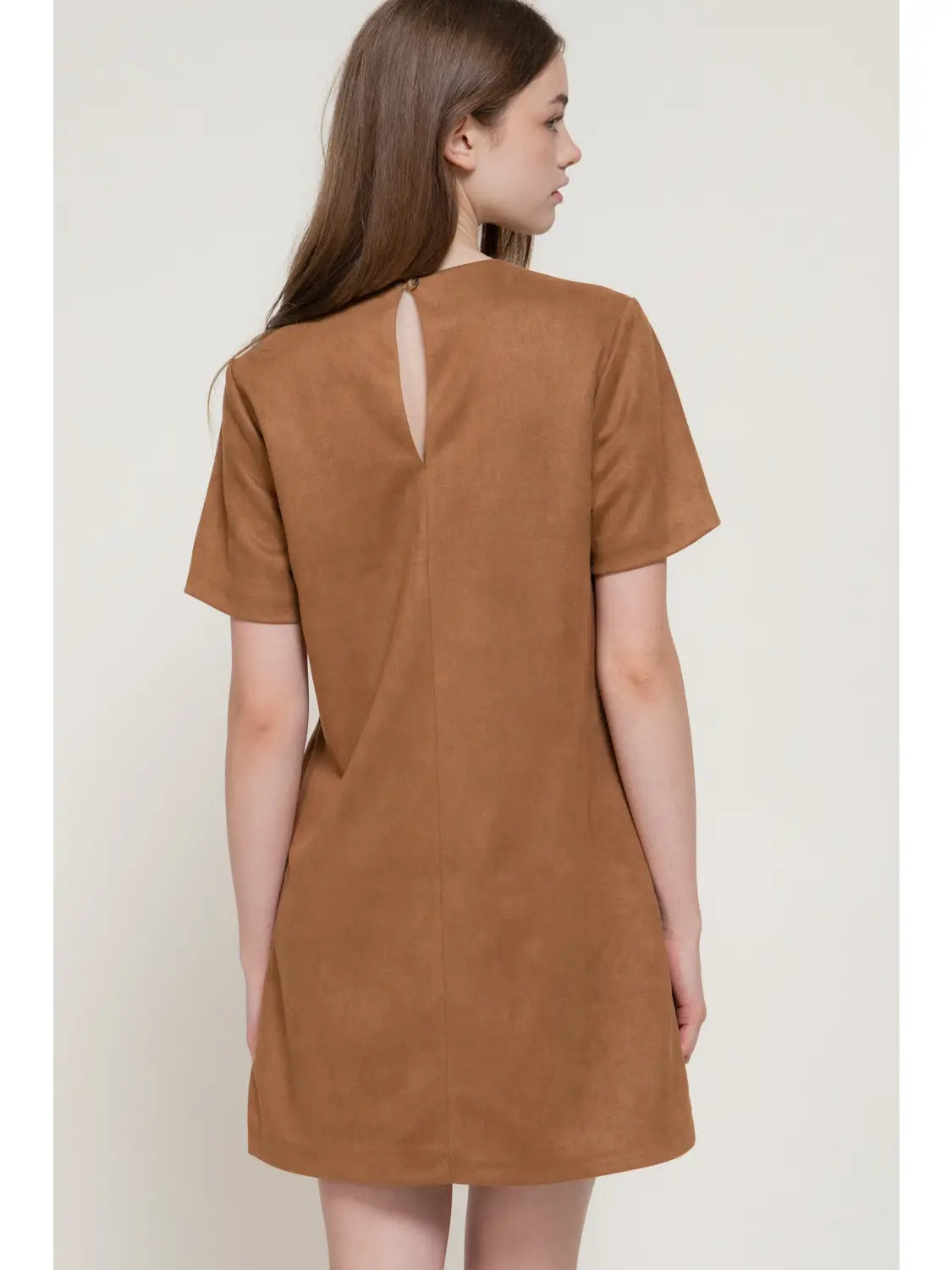 Short Sleeve Round Neck Semi A-Line Faux Suede Mini Dress