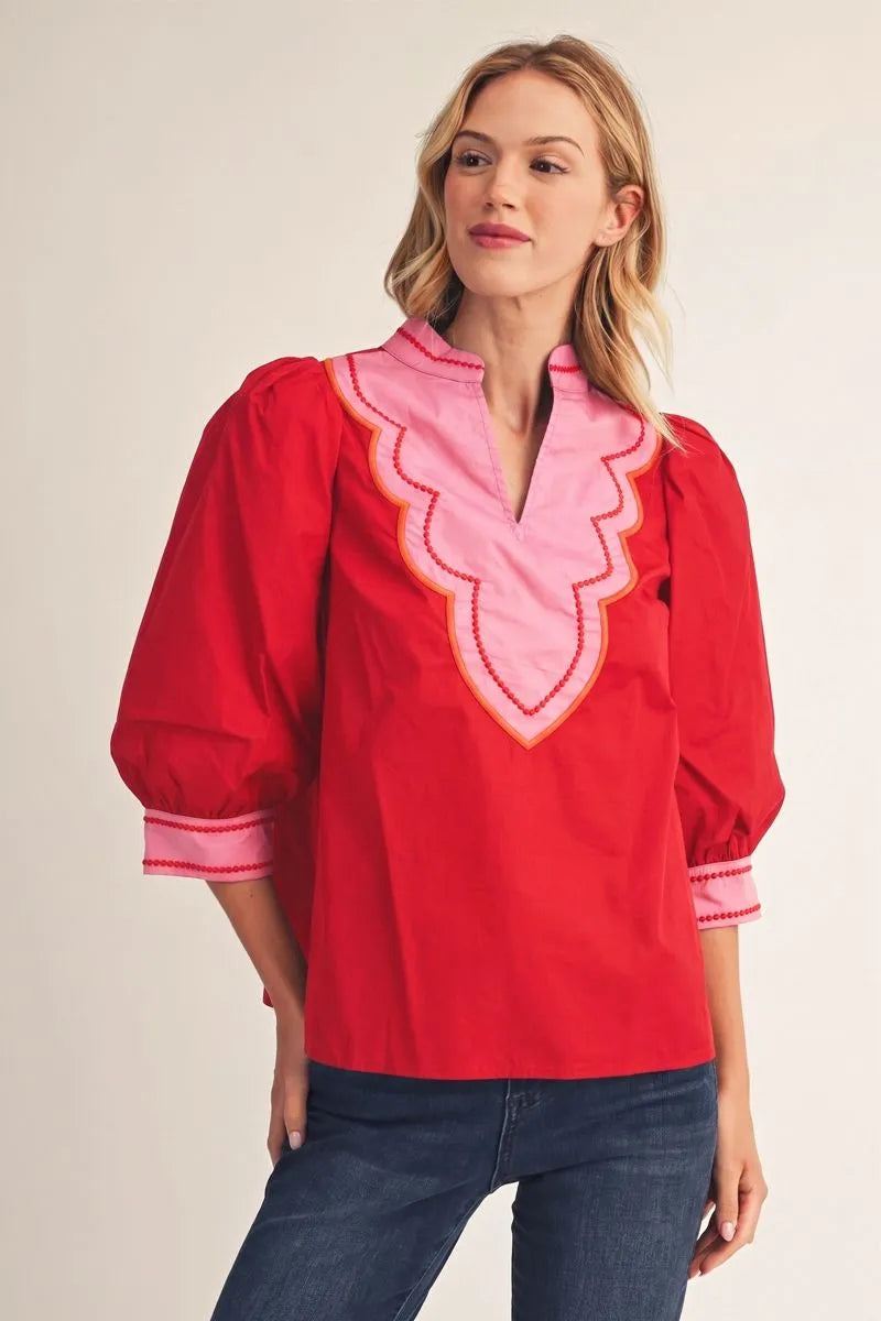color block blouse with embroidery