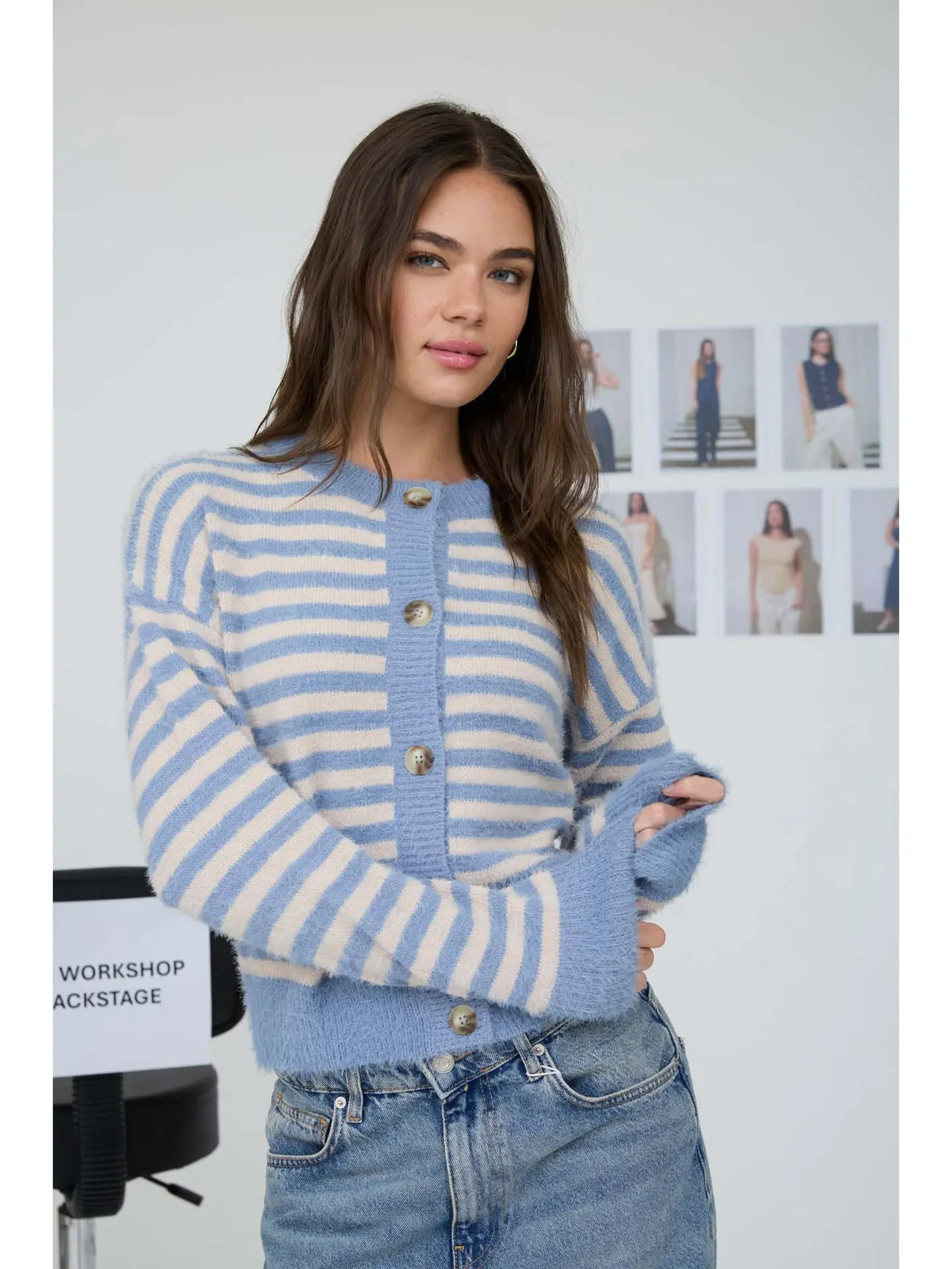 Stripe Round Neck Button Down Fuzzy Knit Cardigan