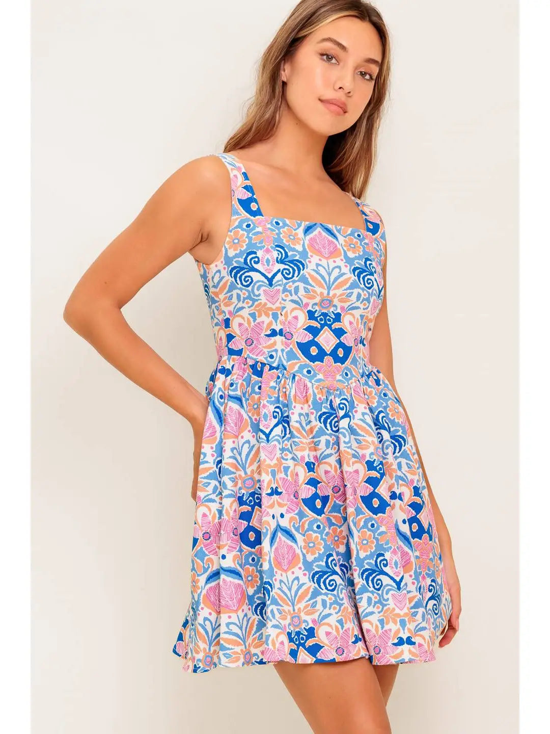 Printed Woven Mini Dress pink and blue