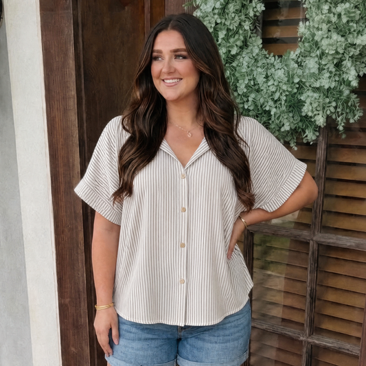 Plus Woven Stripe Button Down Boxy Top