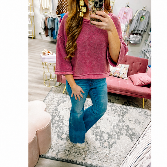 Washed 3/4 Sleeve Boxy Sweater