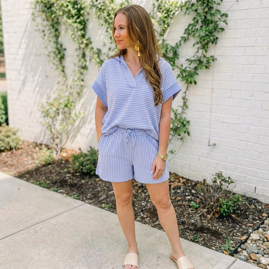 Sky Blue Stripe Dolman Sleeve Polo Shirt and Drawstring Shorts Set