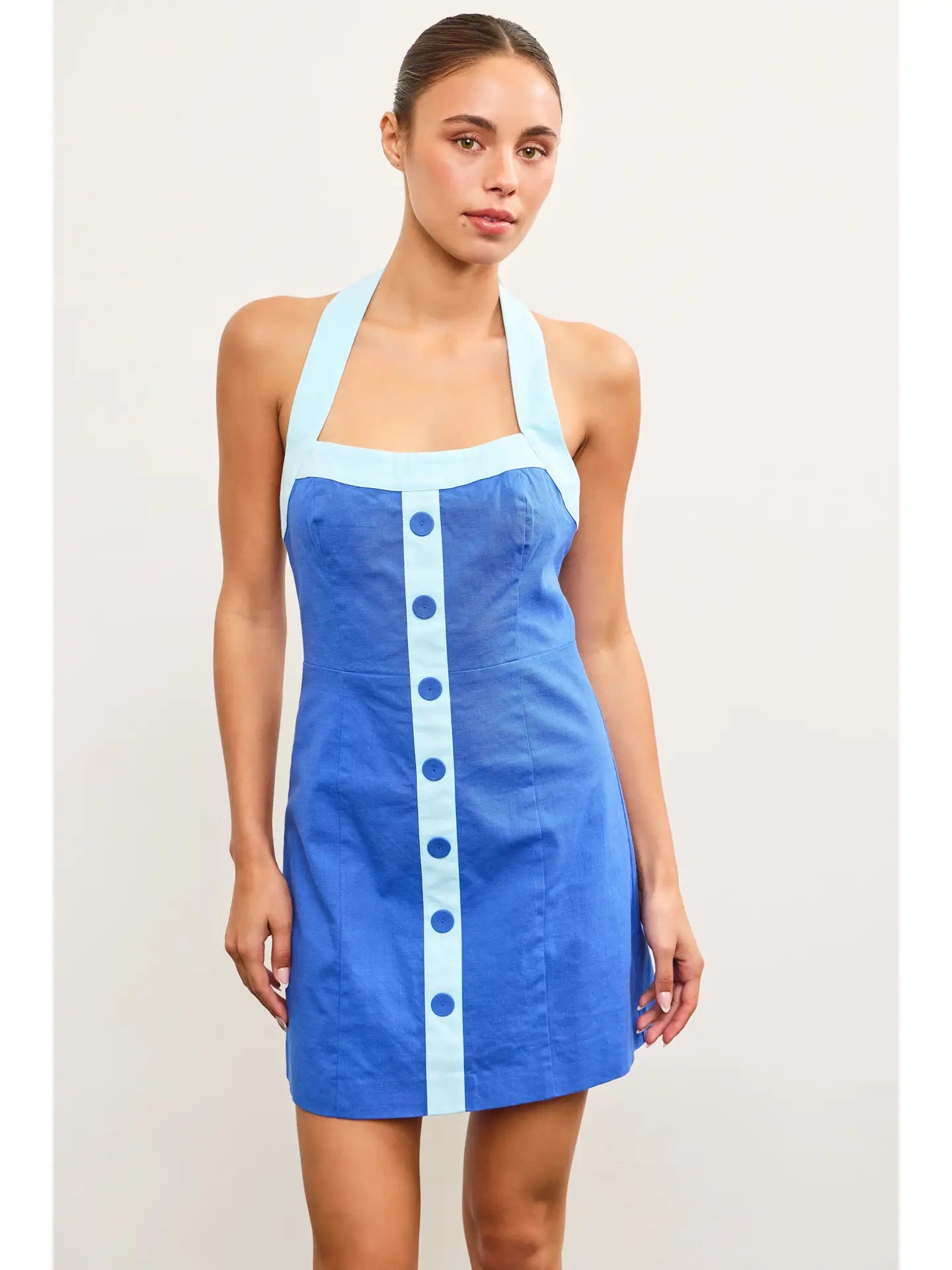 Contrast Placket Halter Mini Dress