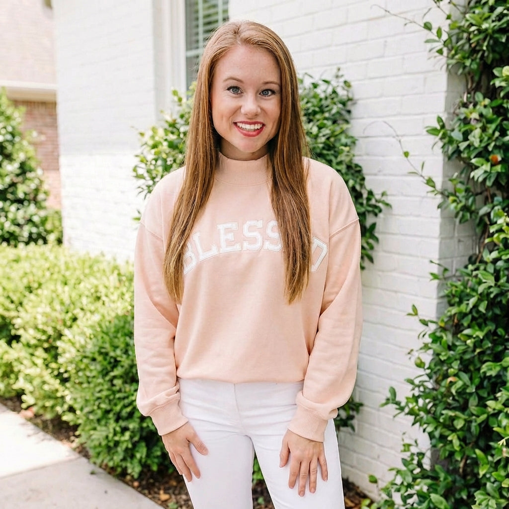 Light Pink Oversize Blessed Embroidered Mock Neck Sweatshirt