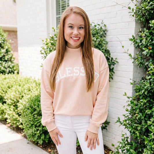 Light Pink Oversize Blessed Embroidered Mock Neck Sweatshirt