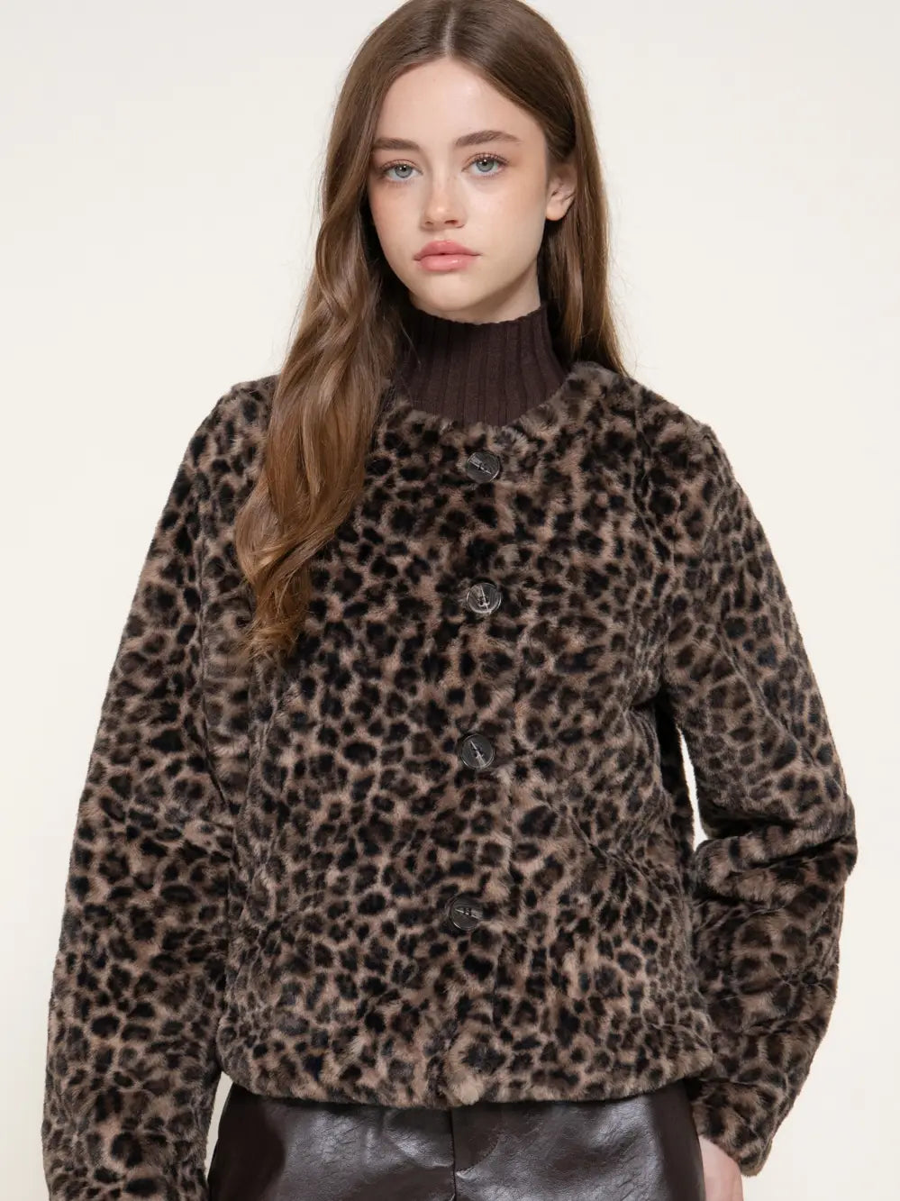 Long Sleeve Round Neck Printed Faux Fur Jacket