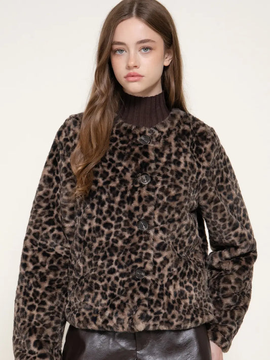 Long Sleeve Round Neck Printed Faux Fur Jacket