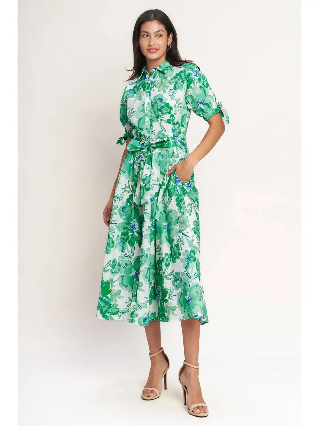 Printed Woven Midi Shirt Dress green and white