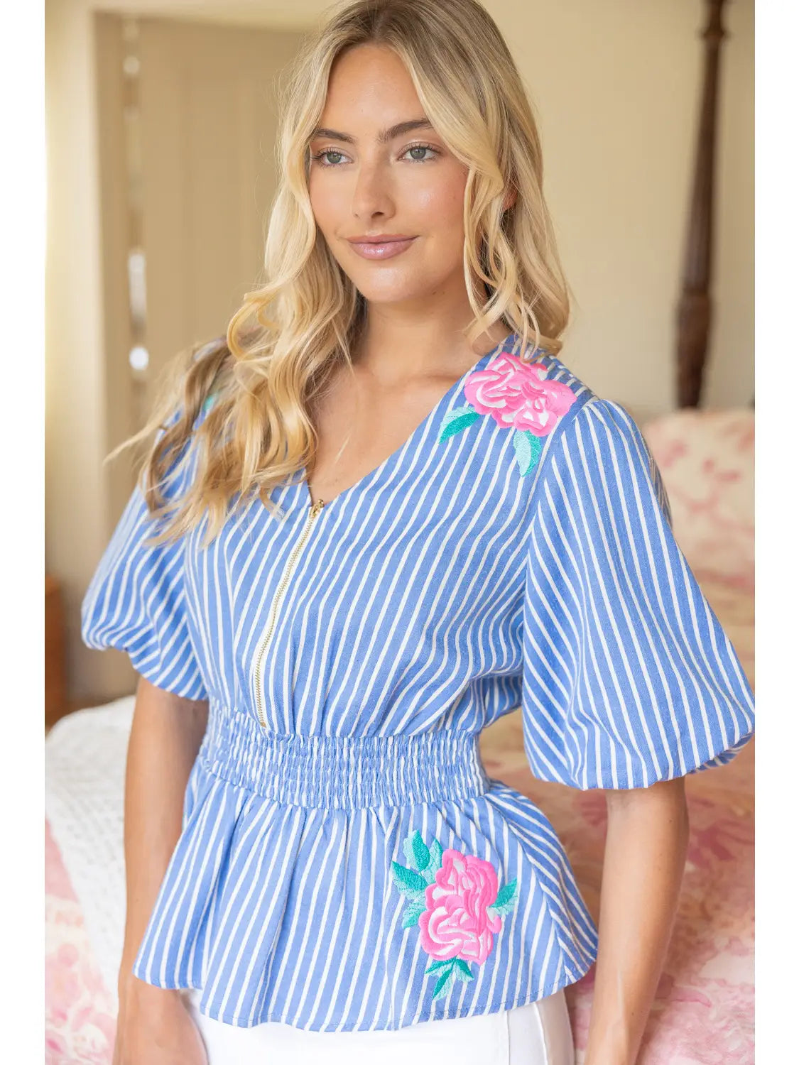 Stripe Contrast Detail Floral Embroidered Top
