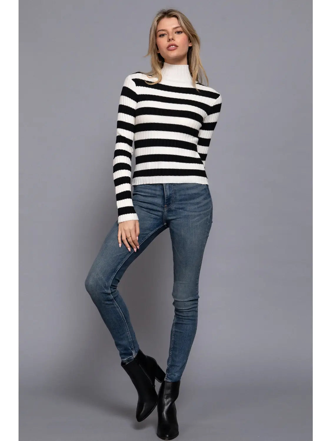 Long Sleeve Mock Neck Stripe Sweater