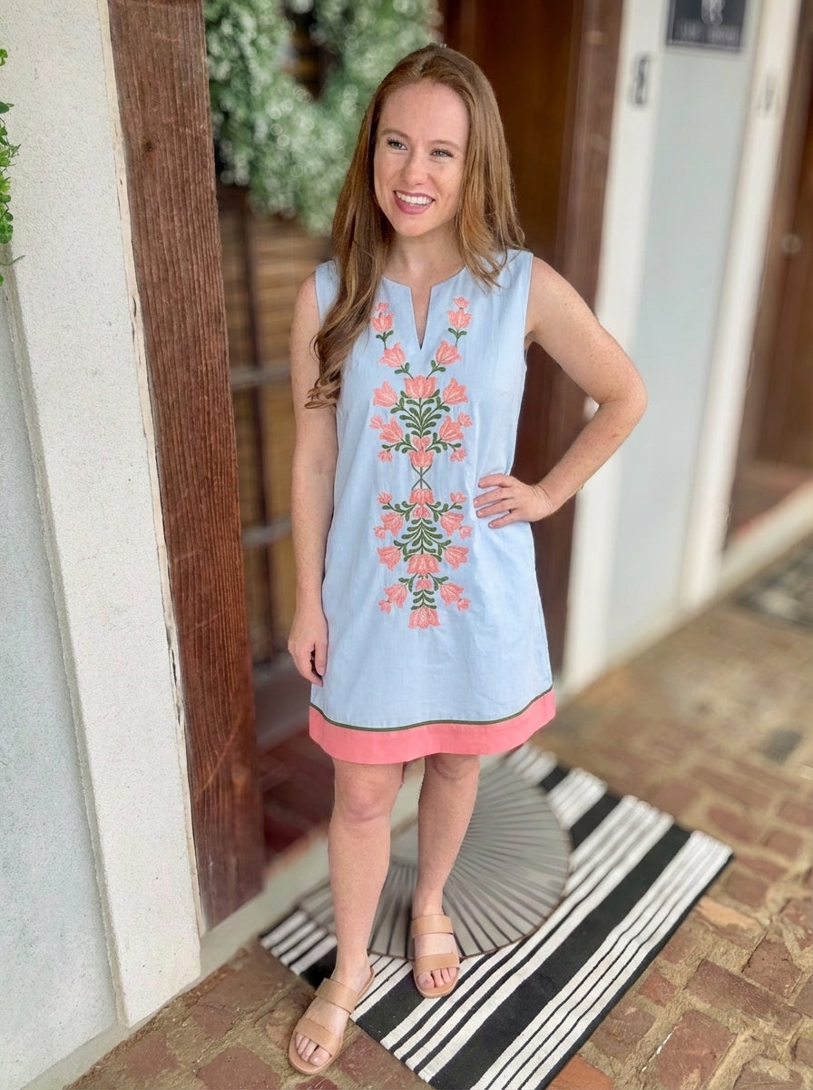 SLEEVELESS FRONT EMBROIDERED MINI DRESS WITH POCKETS