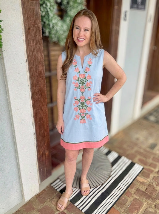 SLEEVELESS FRONT EMBROIDERED MINI DRESS WITH POCKETS