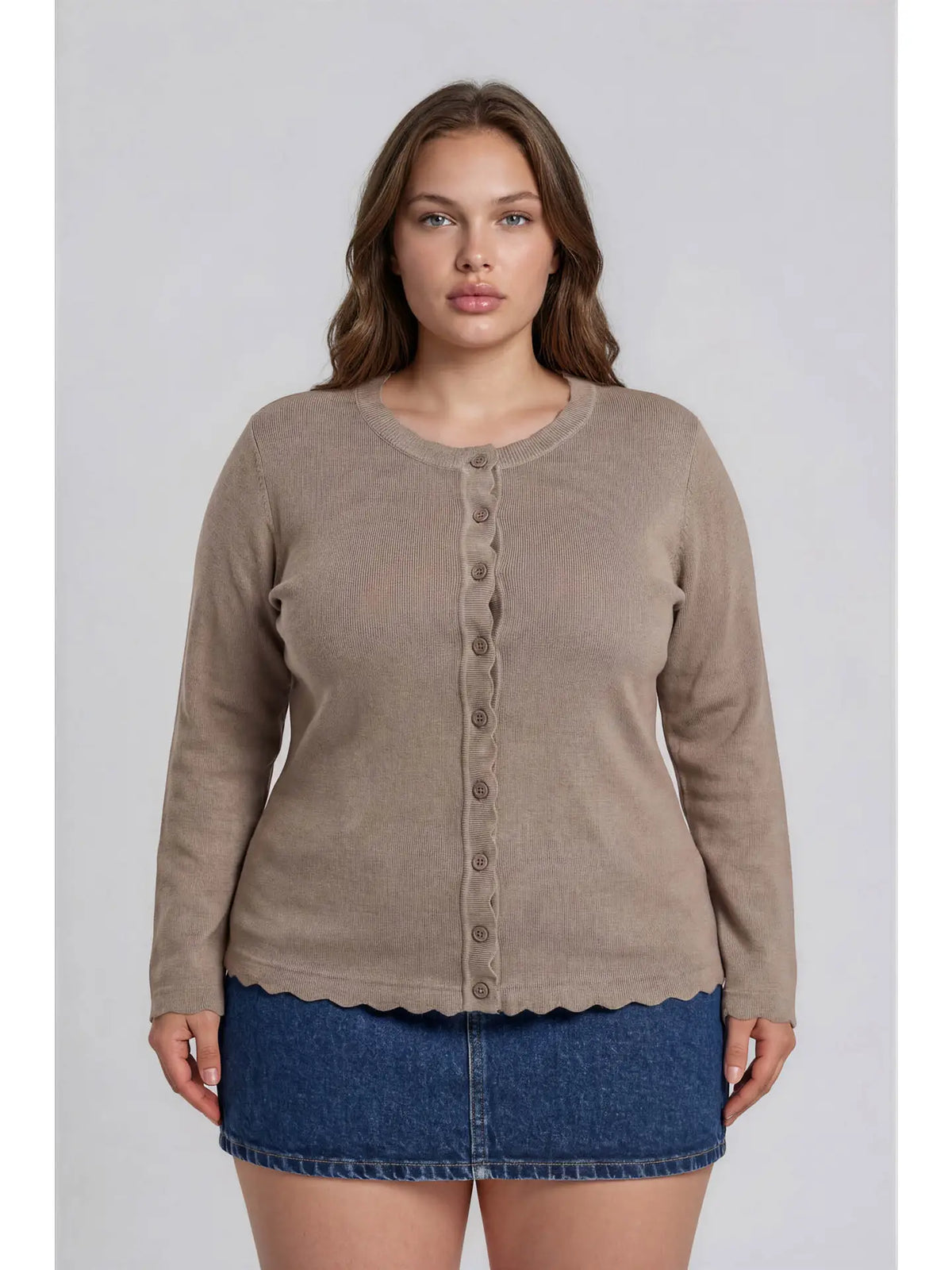 Plus Scalloped Button Detail Long Sleeve Knit Cardigan