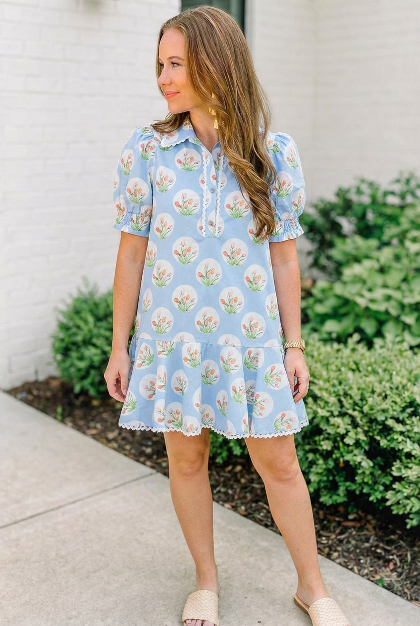 Tulip print short puff sleeve mini dress