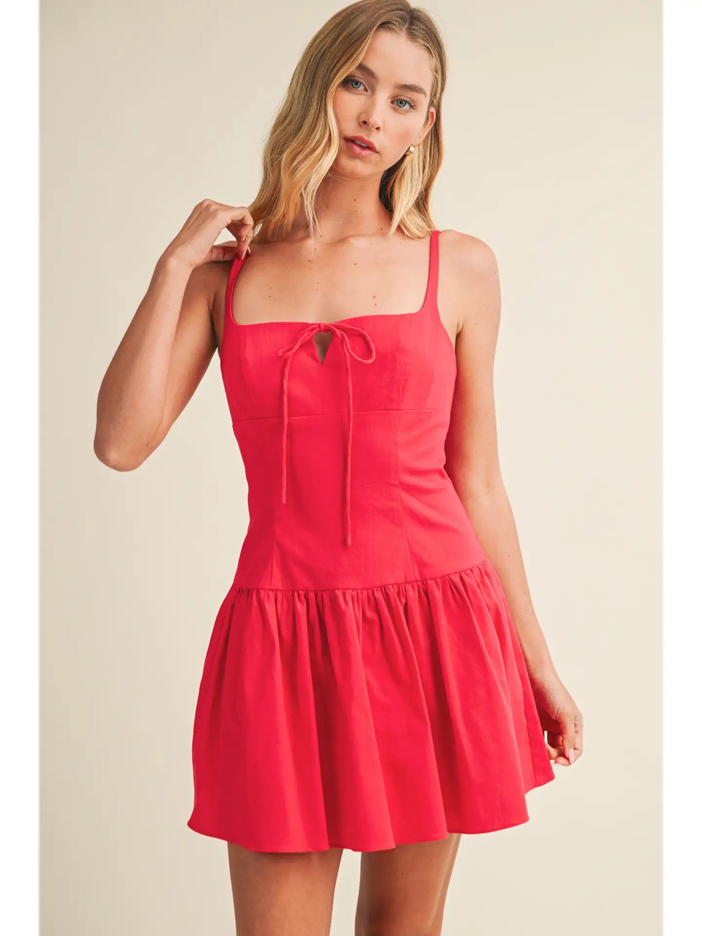 Square Neck Tie-Front Flared Dress