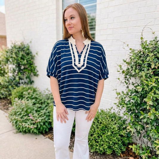 Blue Stripe Stand Collar V Neck Elastic Cuffs Half Sleeve Dolman Top