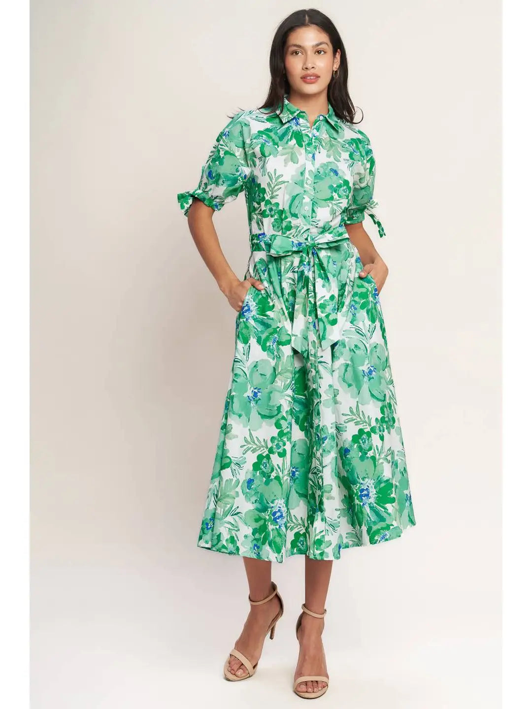 Printed Woven Midi Shirt Dress green and white