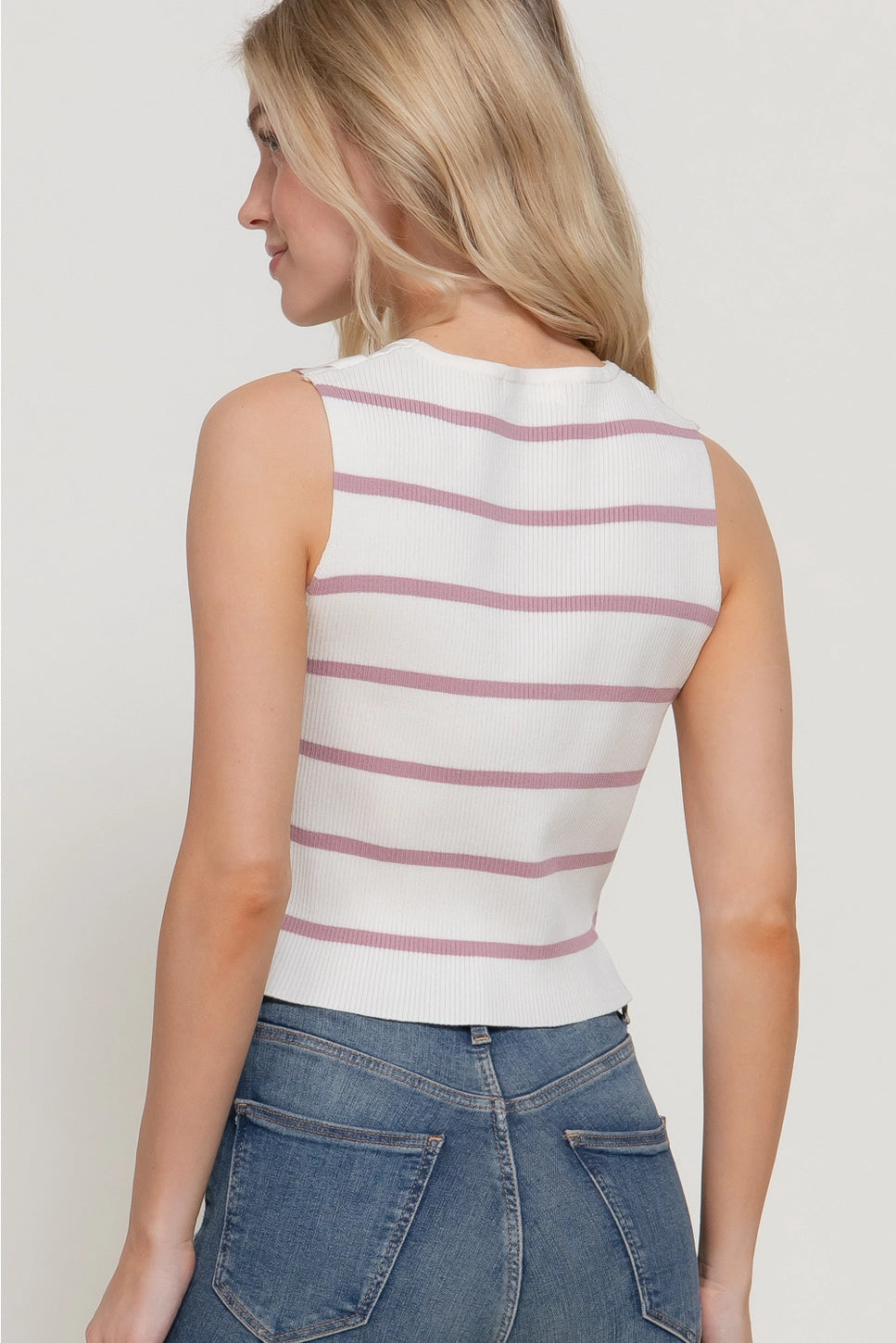Sleeveless Diagonal Shape Placket Stripe Spring Sweater