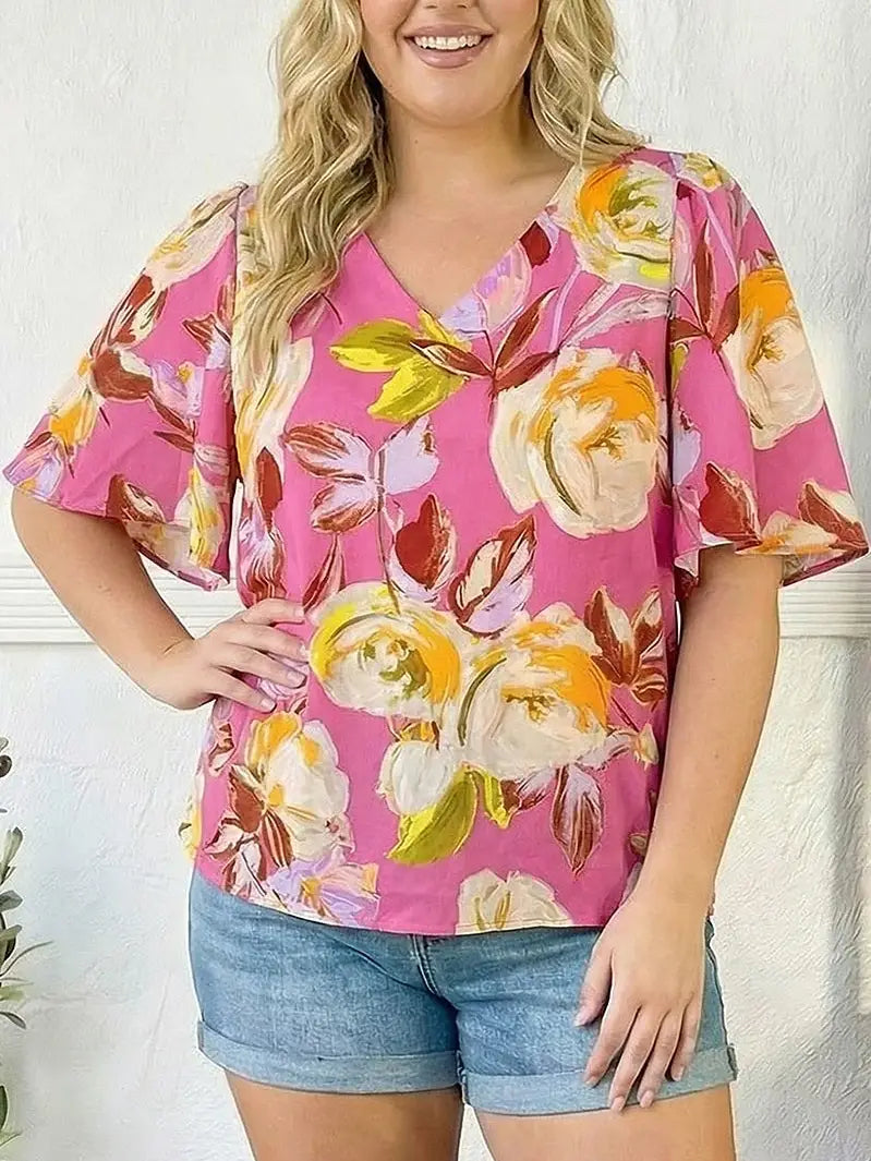 Floral V Neck Woven Blouse