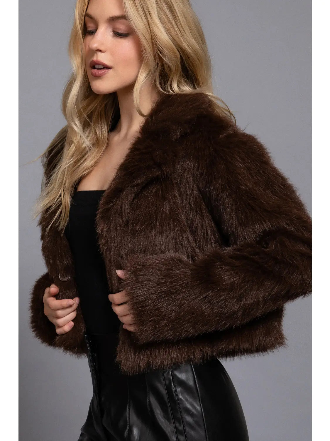 Long Sleeve Notched Collar Faux Fur Cropped Jacket