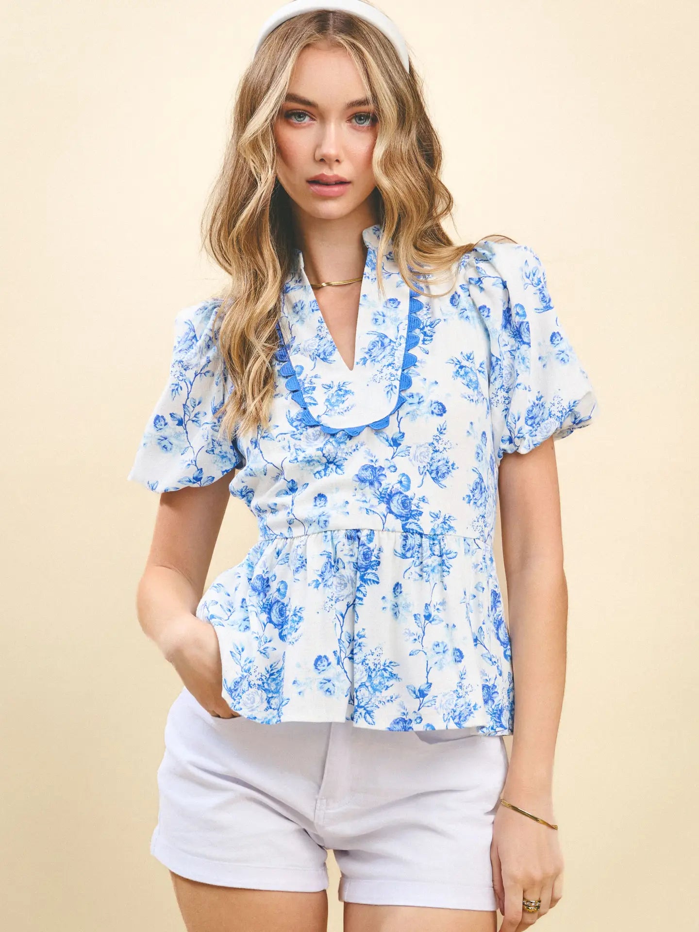 Floral Printed Bubble Sleeves Peplum Top