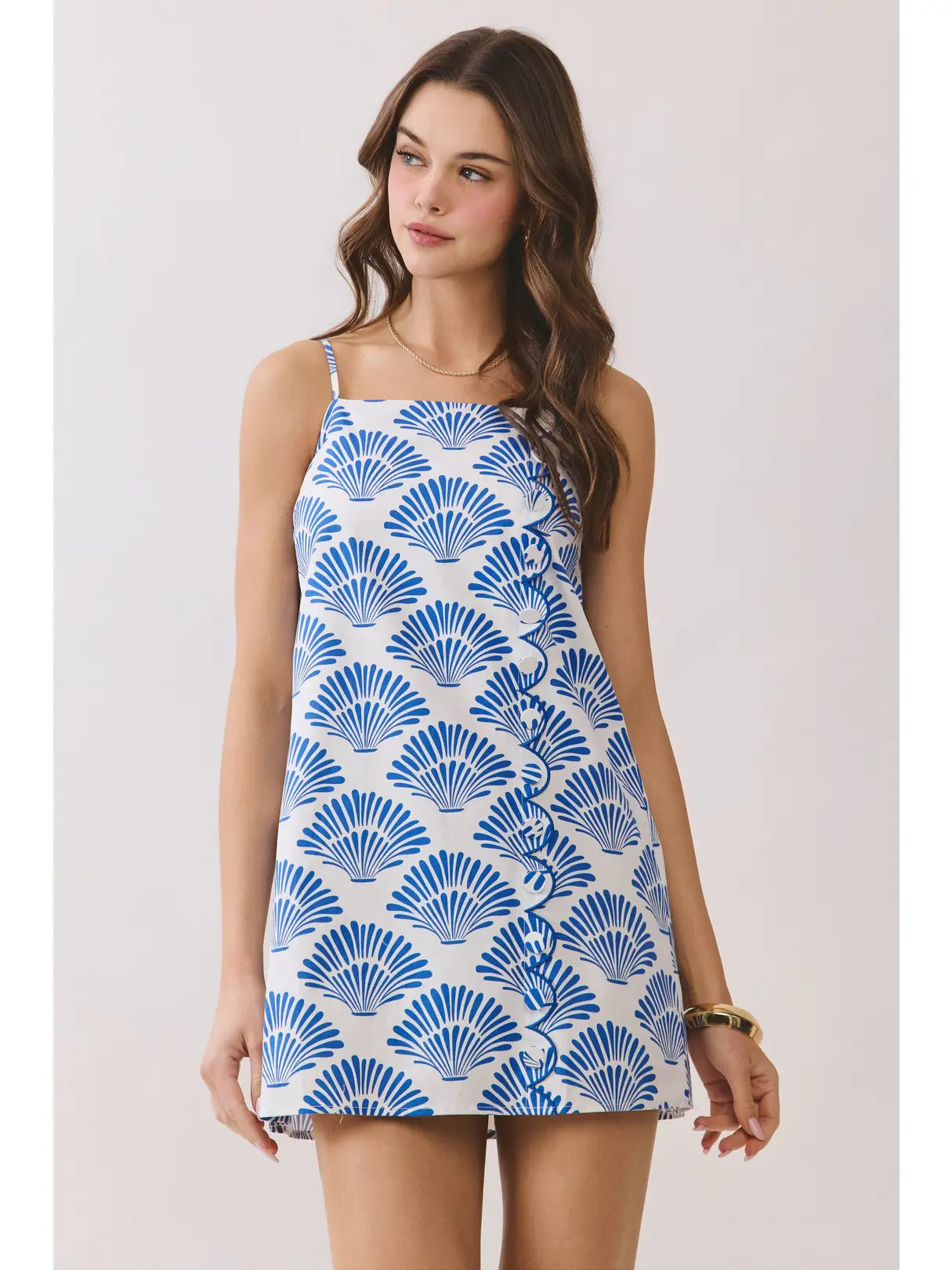 Shell Print Front Scallop Trim Mini Dress