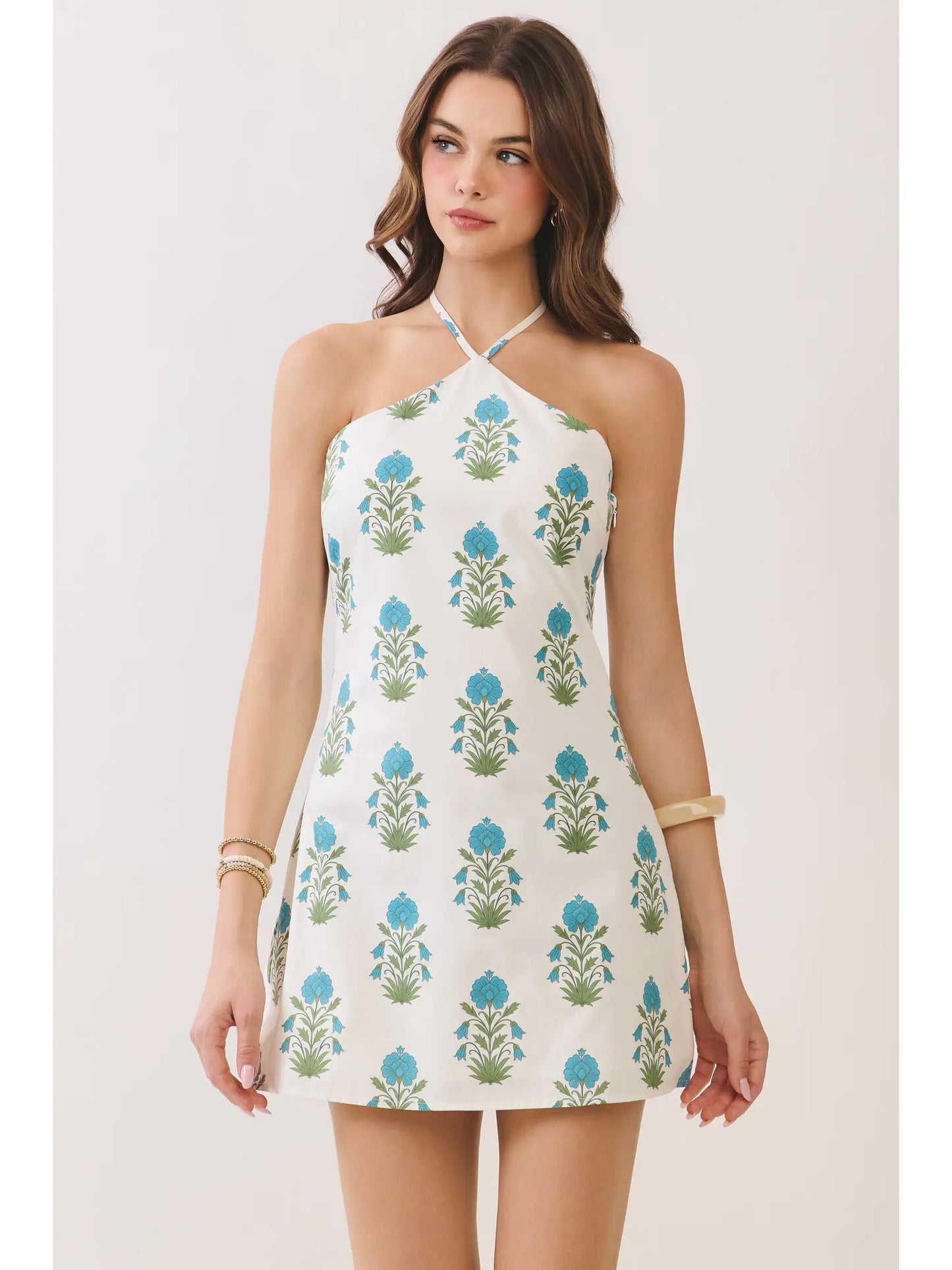 Floral Halter Side Zipper Neck Mini Dress