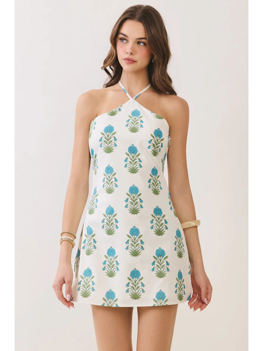 Floral Halter Side Zipper Neck Mini Dress