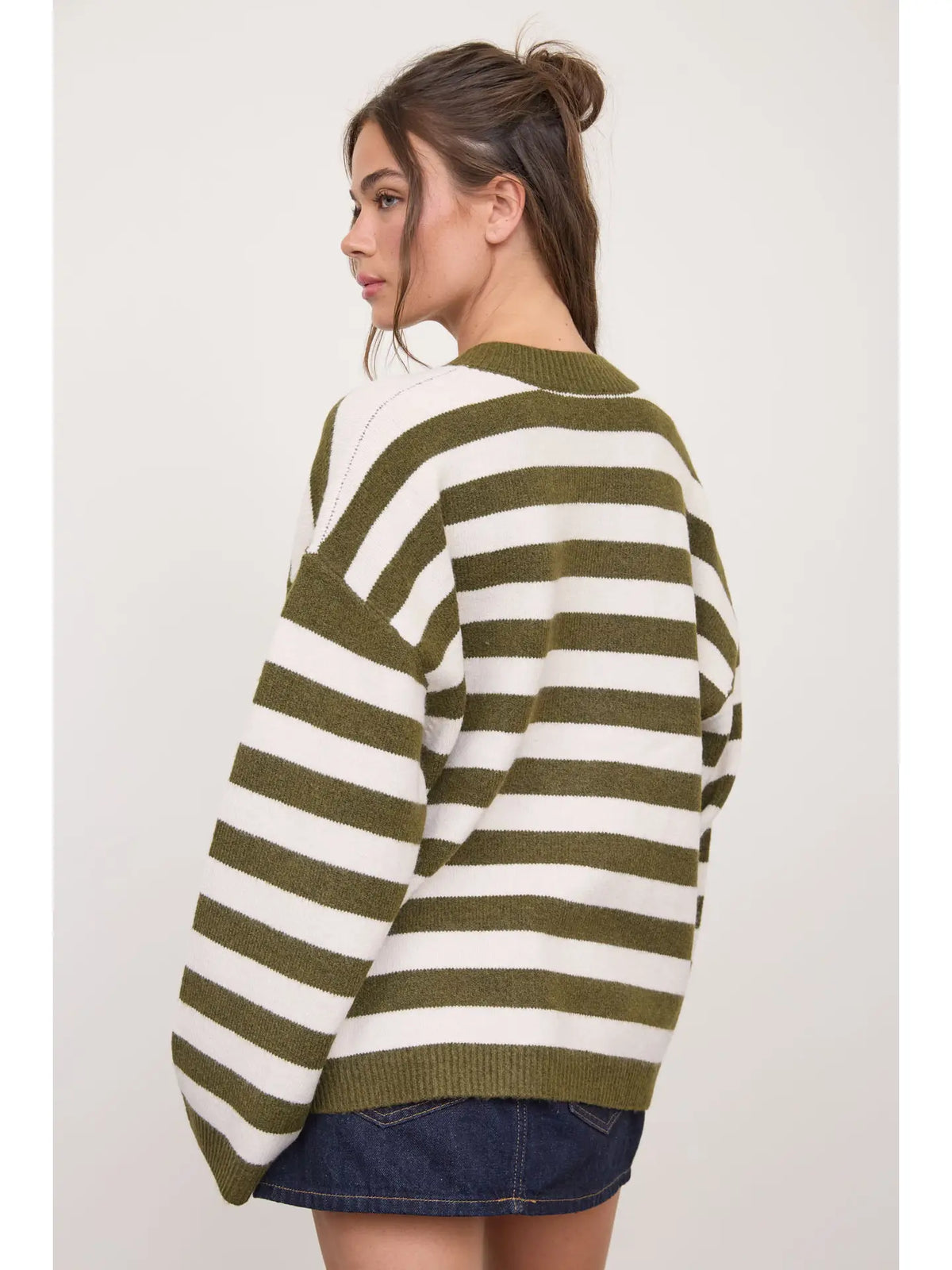 Striped Round Neck Button Down Boxy Knit Cardigan
