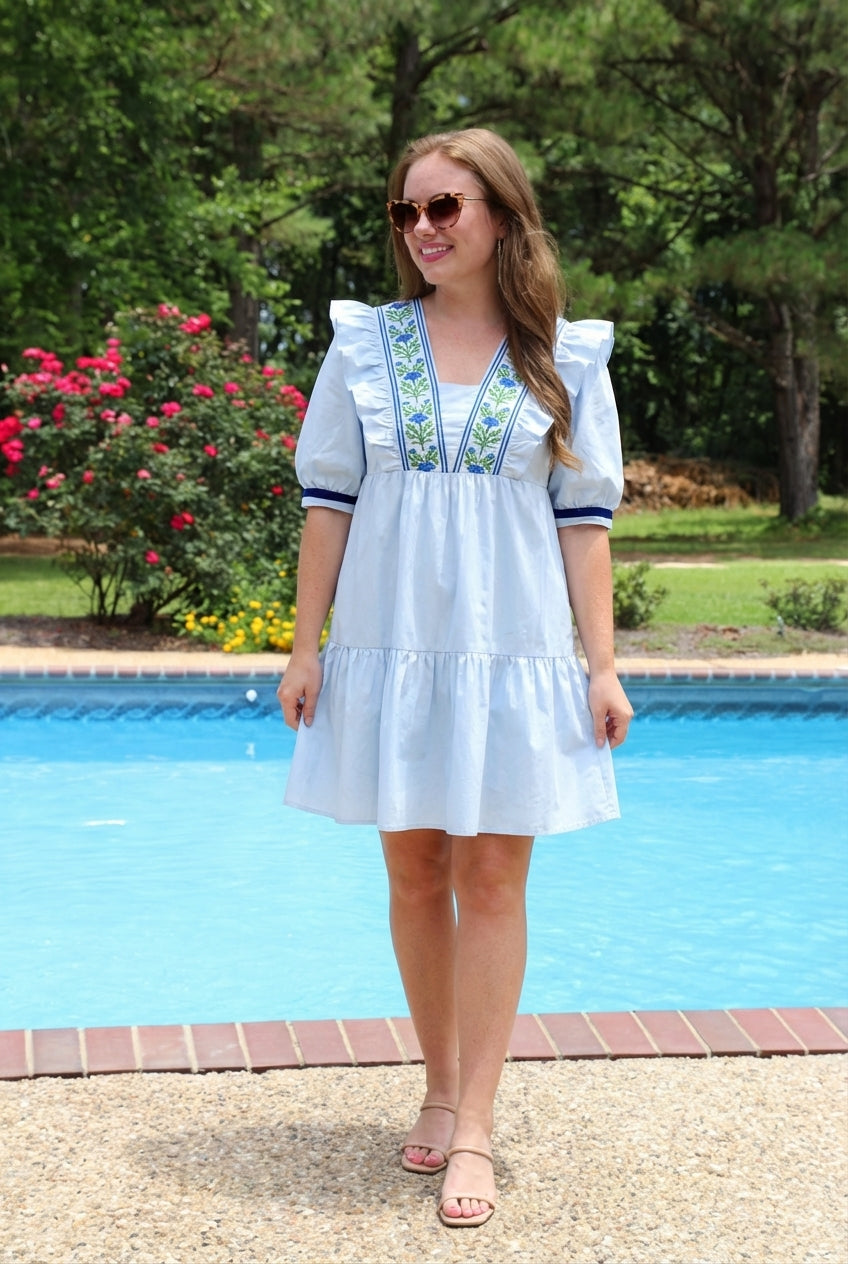 SHORT SLEEVE EMBROIDERED MINI DRESS WITH POCKETS
