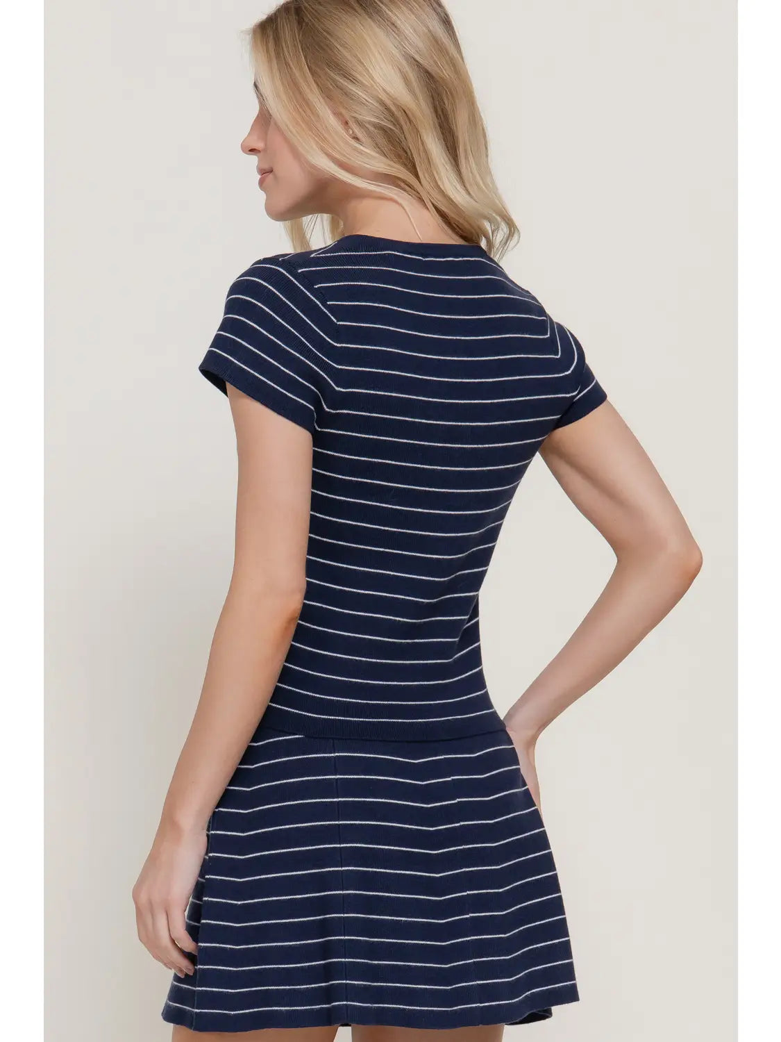 Short Sleeve Crew Neck Button Down Striped Knit set